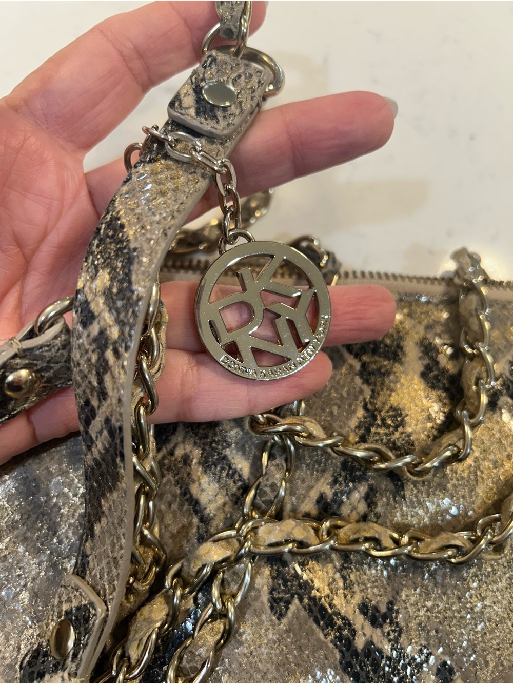 Dkny Gold and Brown Snake-Print Chain Shoulder Bag - Picture 2 of 13